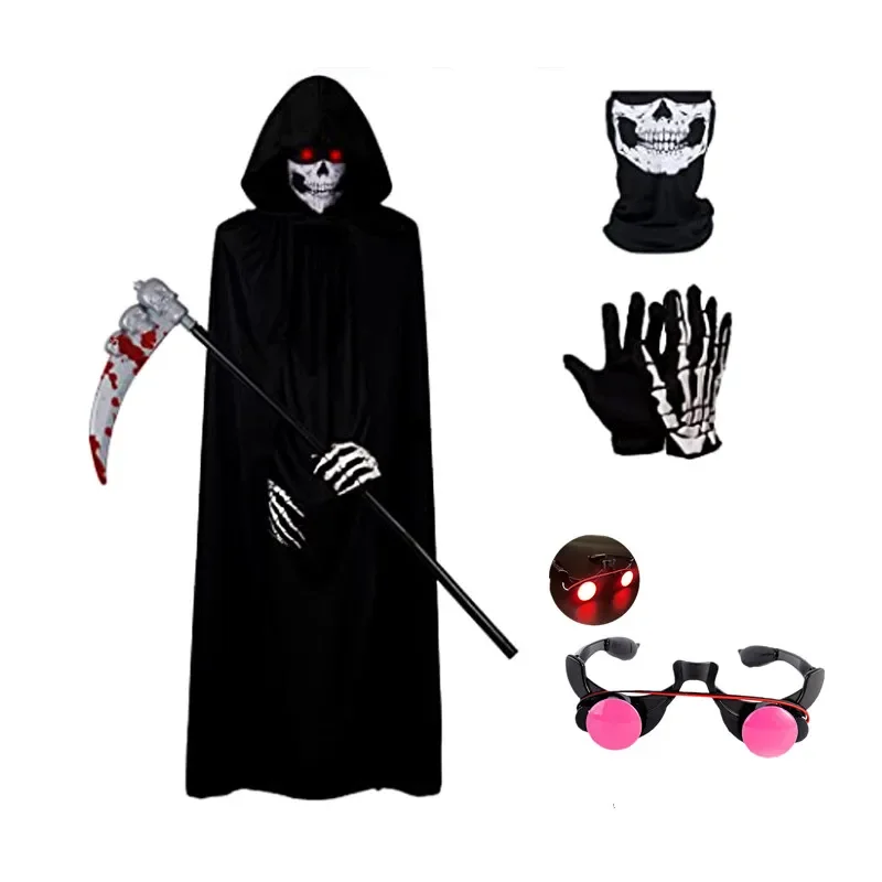 เครื่องแต่งกาย Death Reaper ที่น่ากลัวสําหรับเด็กพร้อมเสื้อคลุมมีฮู้ดและเสาเข็ม เหมาะสําหรับวันฮาโลวีน