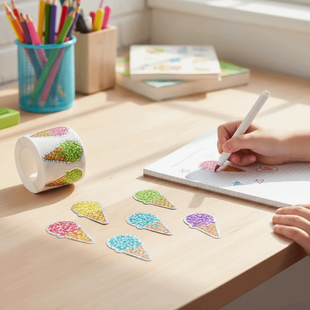 Holographic Glitter Ice Cream Stickers Waterproof Colorful Stickers Roll Self-Adhesive Ice Cream Cone Design