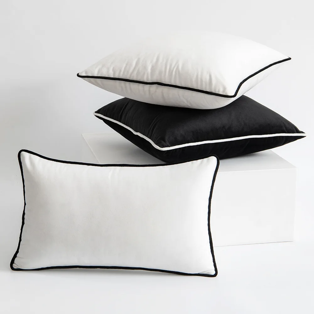 Black white edge and white black edge velvet rolling rope wrapped pillow cover polyester solid color soft and comfortable covers