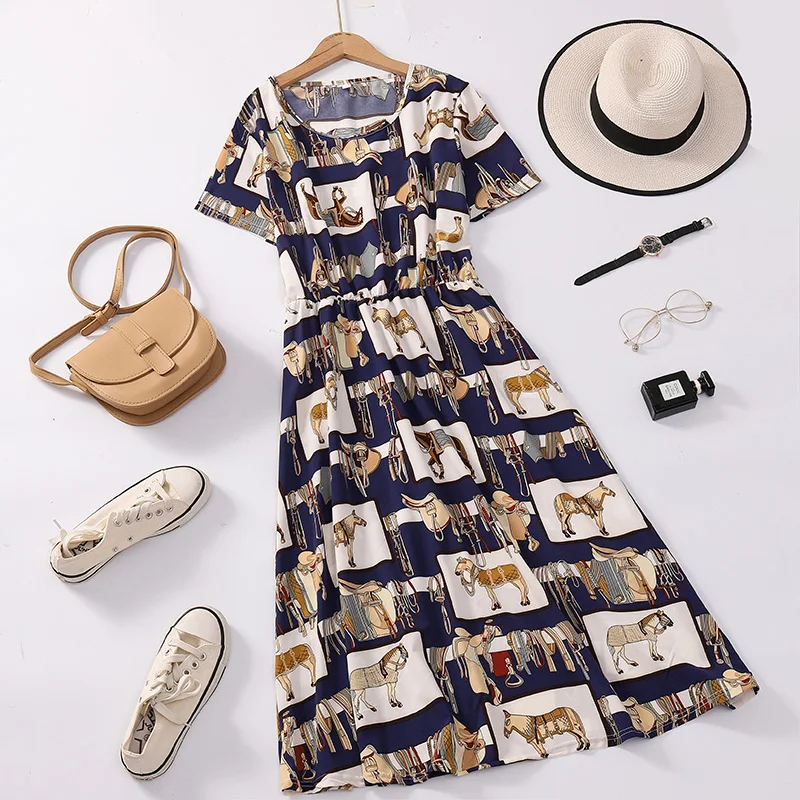 

Fashionable Short Sleeve Midi Dress for Middle-Aged Mothers Southeast Asian Style Casual Loose Fit round Neck Long Skirt