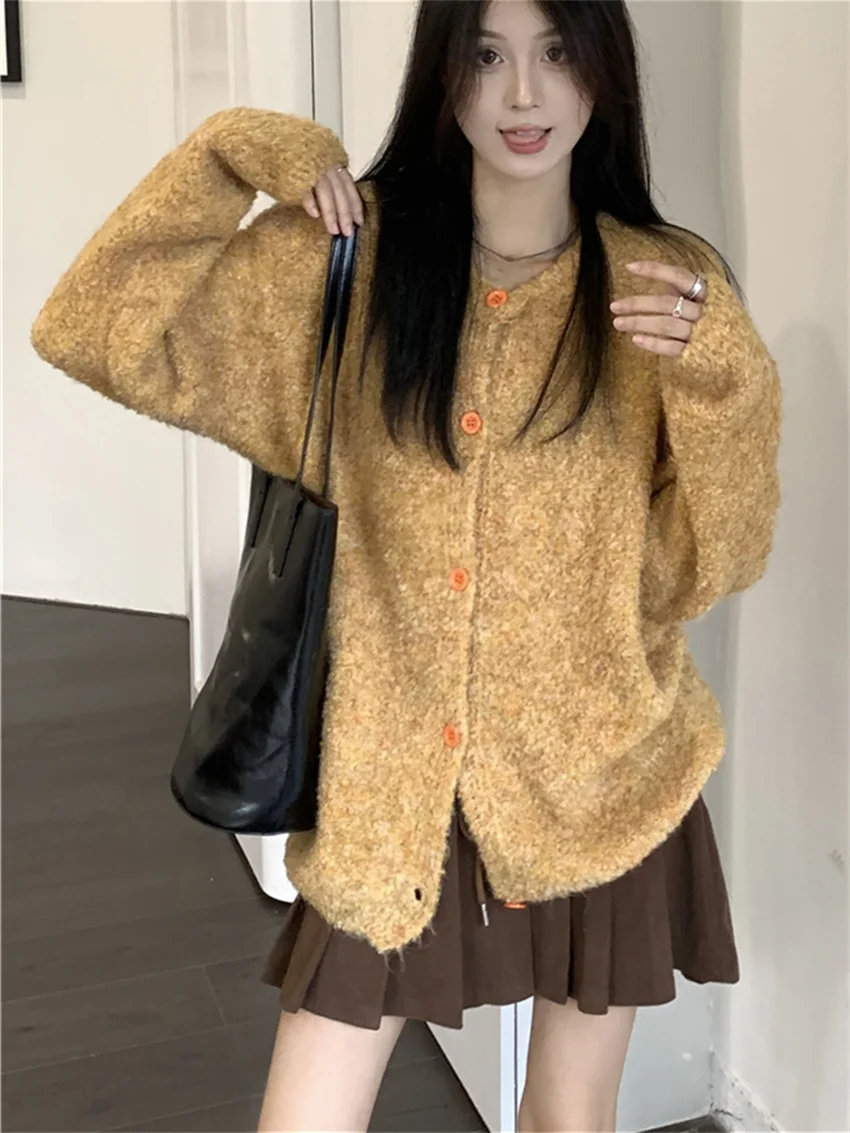 PLAMTEE Yellow Sweaters Coats Elegant Oversize Fashion 2023 OL Autumn Sweet Chic Knitted Daily Office Lady Cardigans Loose