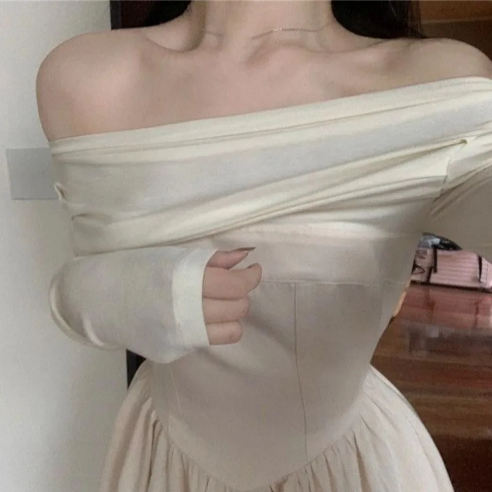 Temperament Long Sleeved Slim Short Skirt Korean Fashion Slim Fit One Collar Dress Y2K Lightweight A-line Short Skirt Party