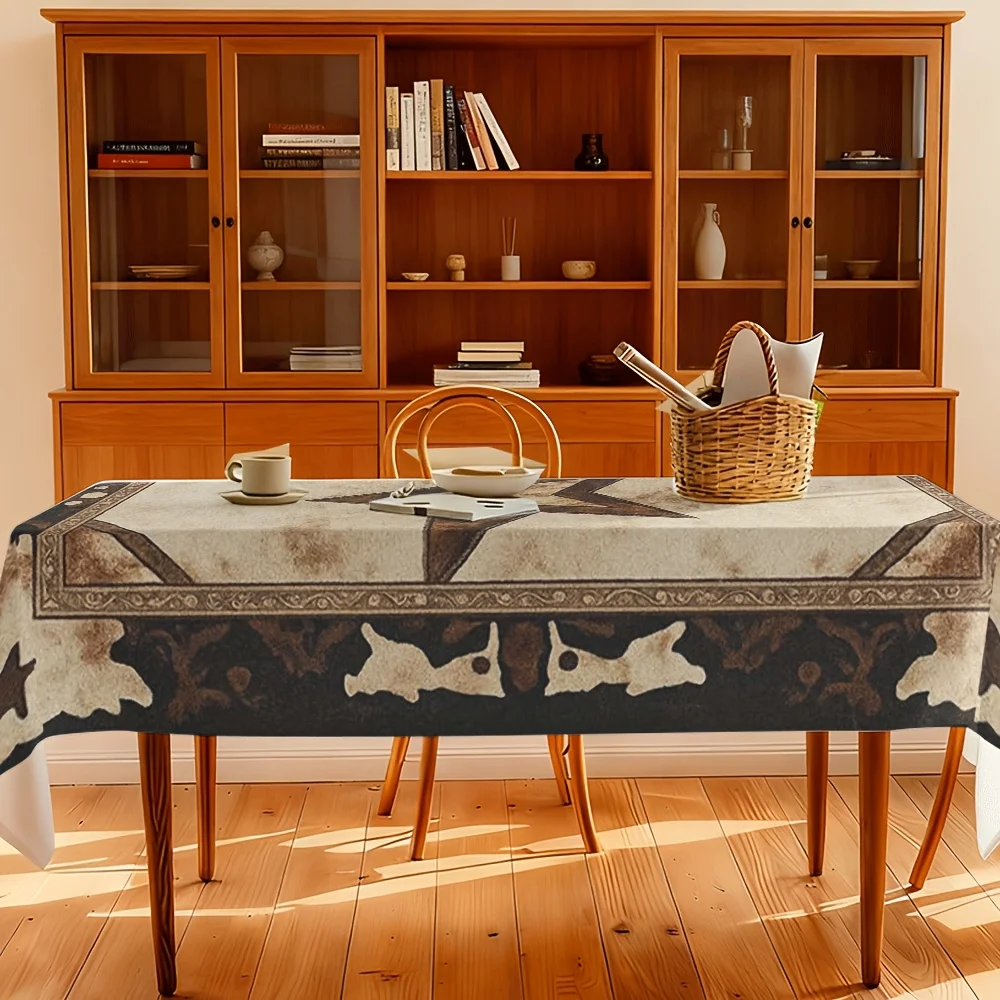High-end versatile spring retro western style five-pointed star and cowhide texture tablecloth