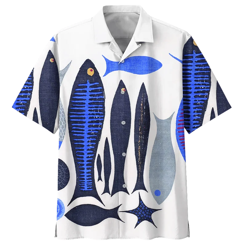 Cartoon Fish Jellyfish Pattern Aloha Shirt For Men 3D Printed Sea Animal Short Sleeve Blouse Oversized Lapel Hawaiian Shirts