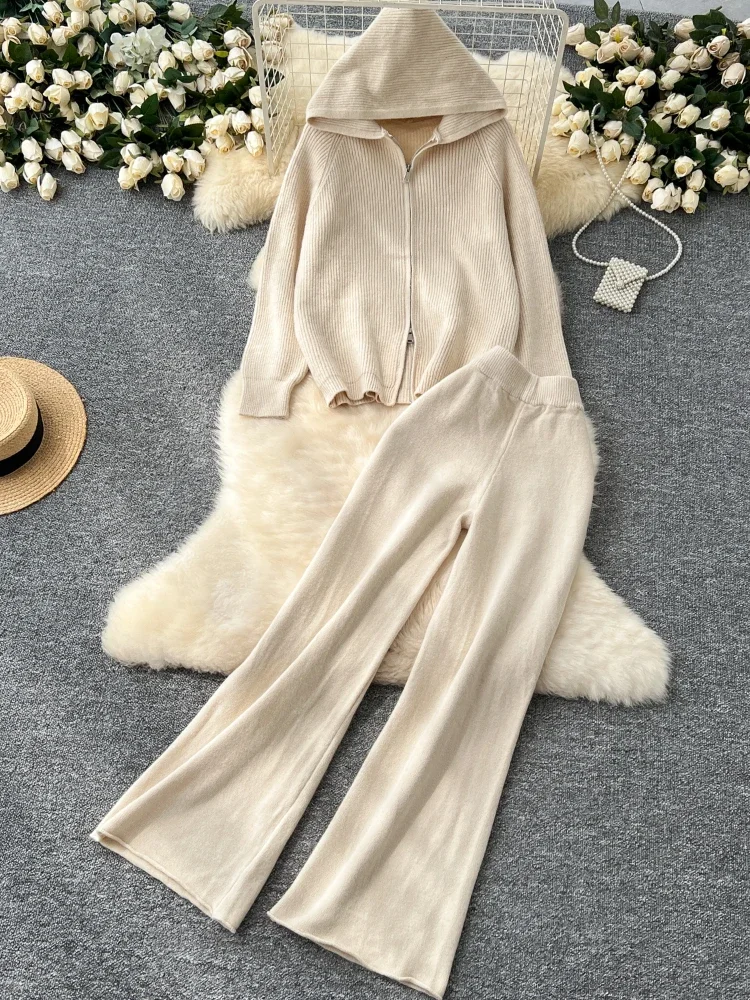 Outdoor Casual Loose Knitt Suits Basic Hooded Zipper Top+High Waist Wide Leg Pants Ladies Autumn Winter Wear Sweater 2 Piece Set