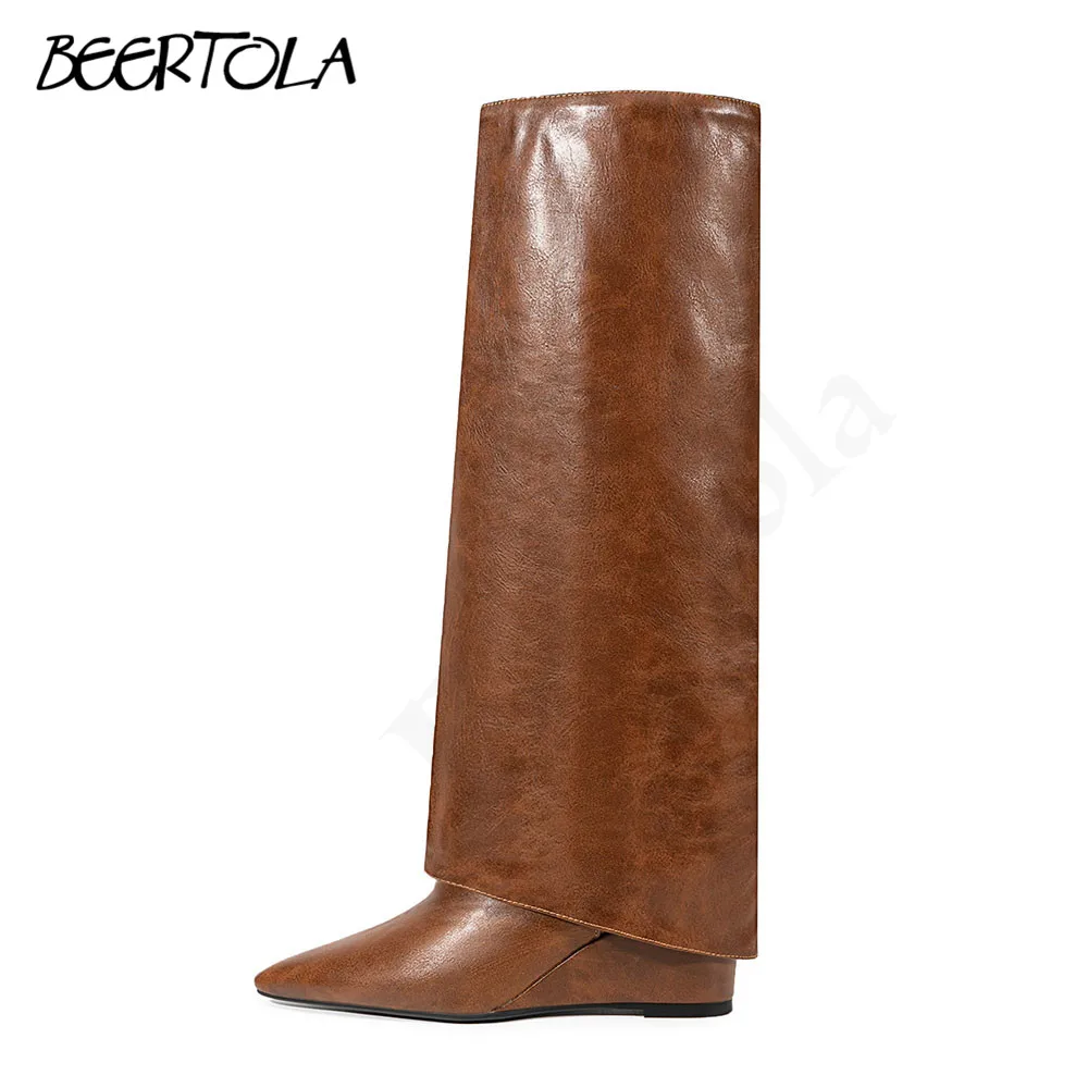 Solid Color Textured Catwalk Trouser Boots Autumn and Winter Slope High Heel Fashion Boots Slim Long Tube Large Size Boots