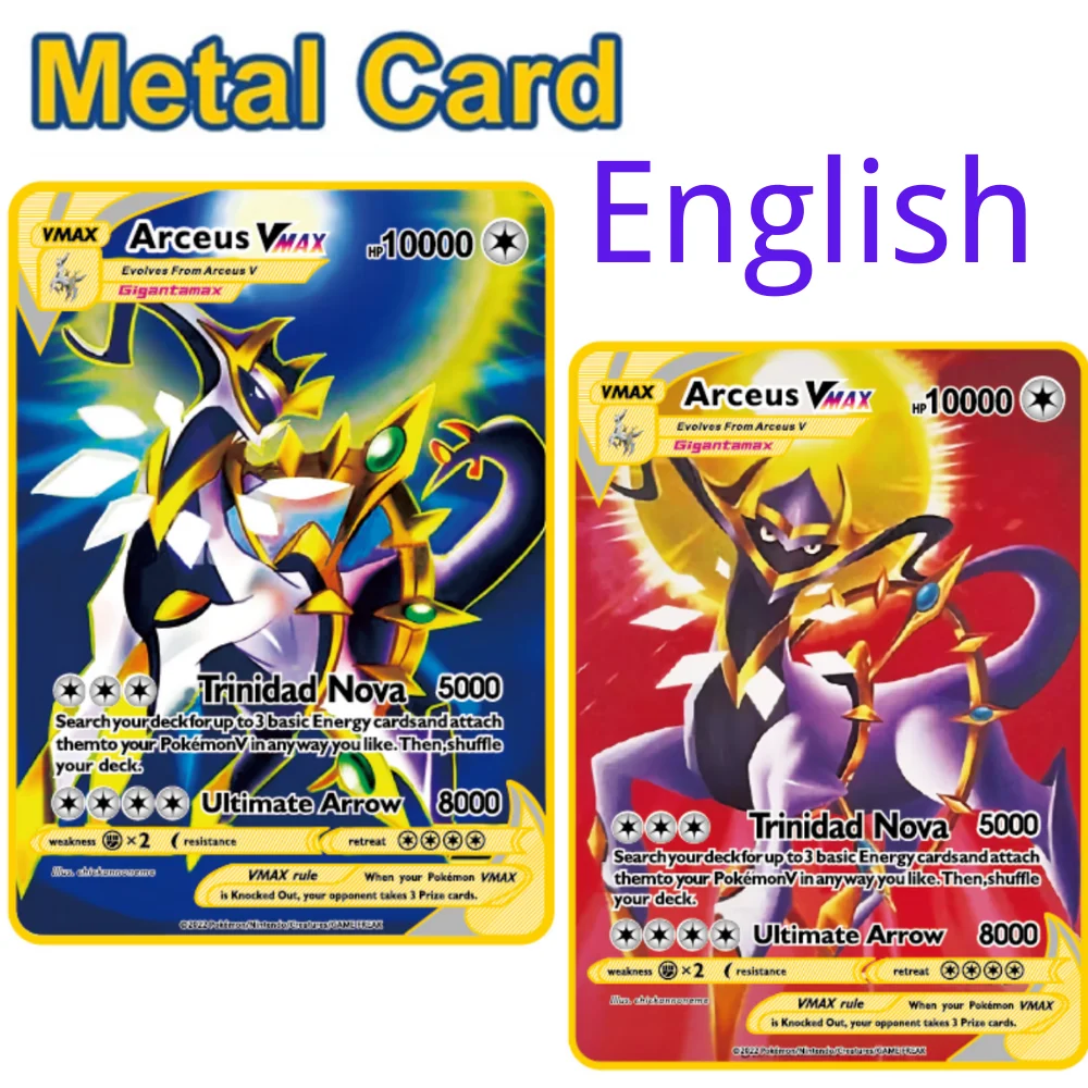 10000HP Arceus Vmax DIY Golden Pokemon Cards in English Iron Metal Pokmo Letters Kids Gift Game Collection Cards