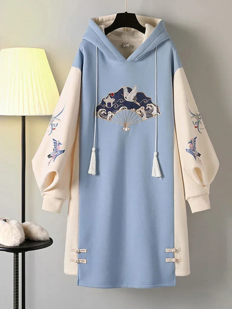 فستان بقلنسوة بخياطة الهالوين لعام 2025 فستان نسائي للخريف والشتاء أنيق على الطراز الصيني شارع العليا تحسين عناصر هان جديدة