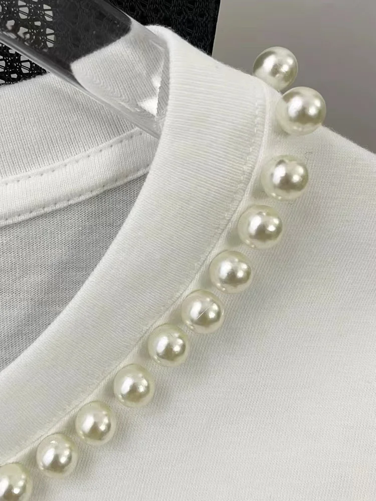 Pears Beading Short Sleeve Cotton Tshirt For Women Loose Casual T-shirt 2024 Spring Summer Mid-length Tops Tees Camiseta