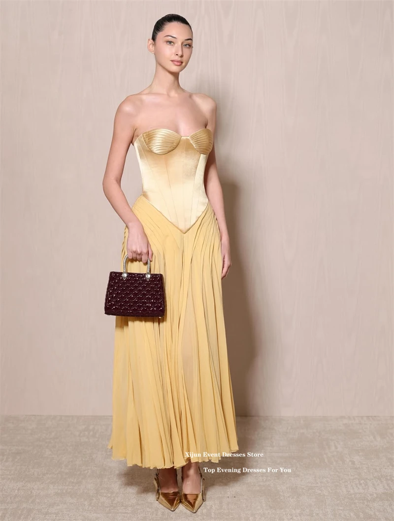Xijun Modern Yellow Long Evening Dresses Sweetheart A-Line Sleeveless Formal Prom Dresses Ruched Party Gowns 2026 Customized