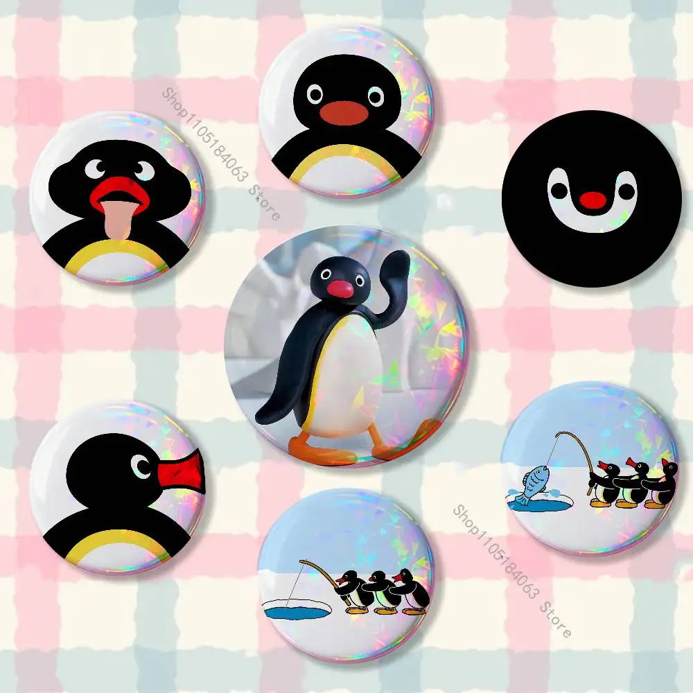 

Happy P-Pingu Penguin Reflective Pin Tinplate Round Brooch Cartoon Cosplay Badges for Bag Hat Toys Gifts