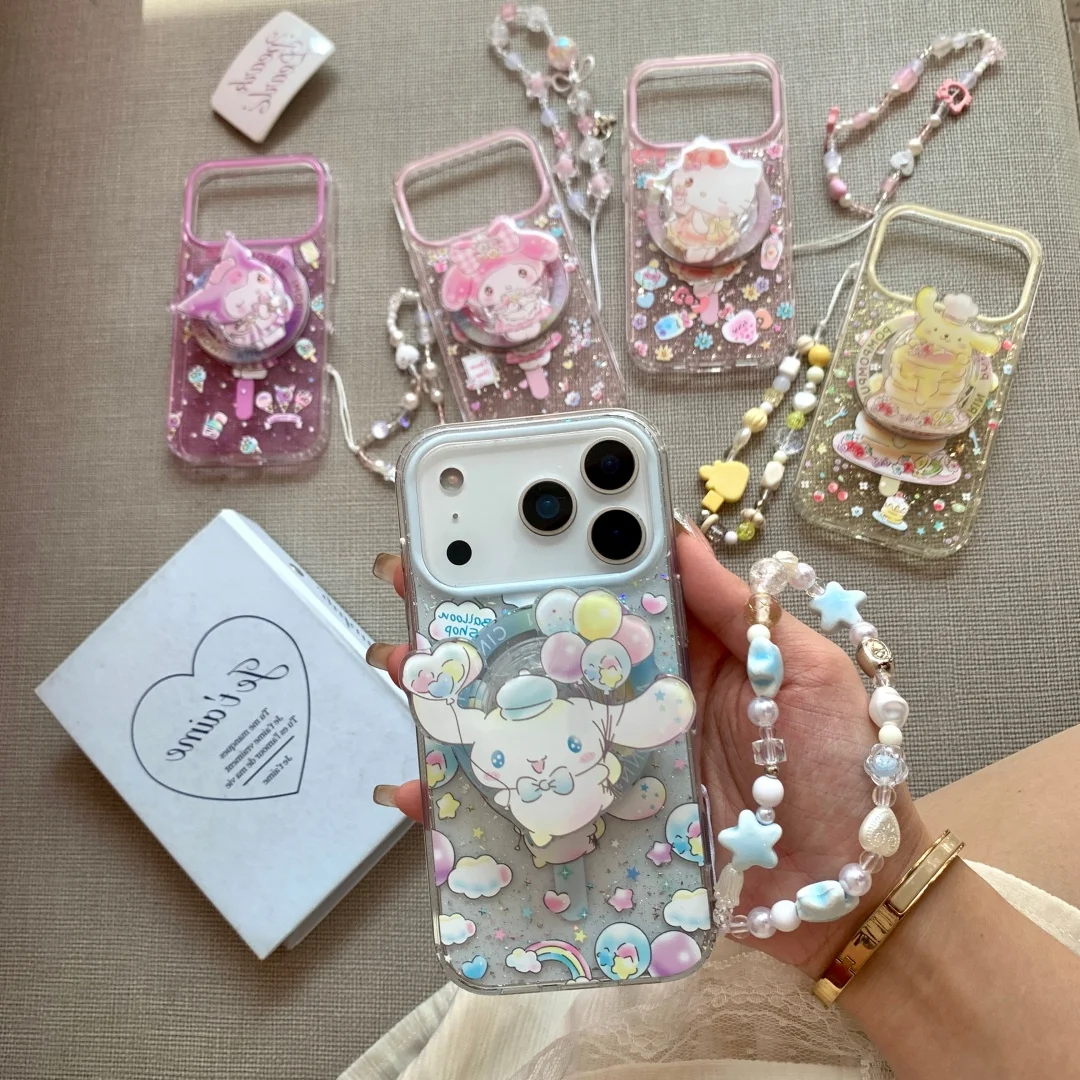 

Мечтательный чехол Sanrio Hello Kitty Pudding Dog Kuromi Melody для телефона с магнитным кронштейном для iphone 17, 16, 15, 14 ProMax 13 с цепочкой