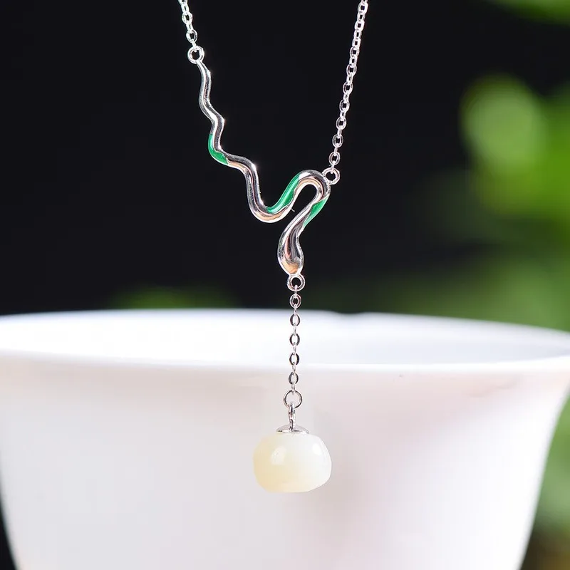 S925 Silver Inlaid With Hetian Jade Flower Bud Auspicious Snake Self-Generated Chain Pendant Vintage Jade Jewelry Accessory