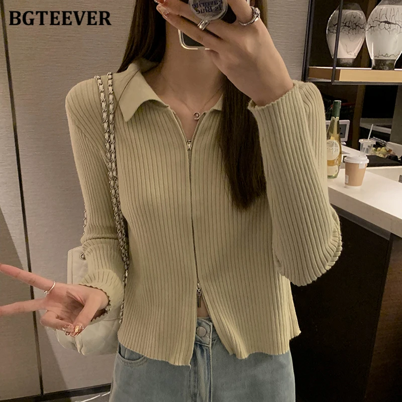 

BGTEEVER Chic Autumn Winter Fashion Lapel Women Knitted Cardigans Stylish Long Sleeve Female Zipper Up Solid Sweaters Tops