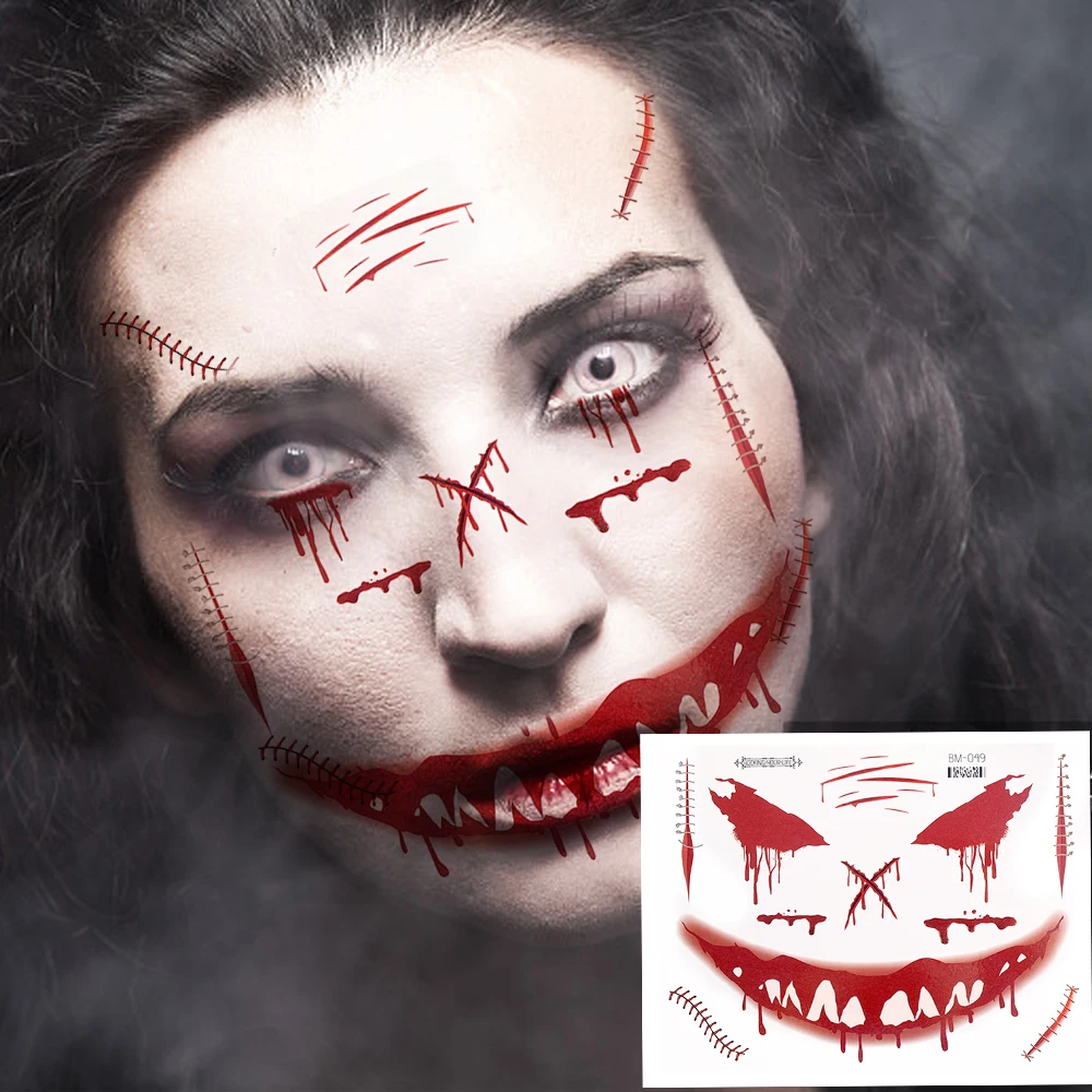 1PC Waterproof Halloween Tattoo Stickers Face Bat Spider Scar Wound Lip Scratched Terror Realistic Fake Temporary Tattoo Sticker