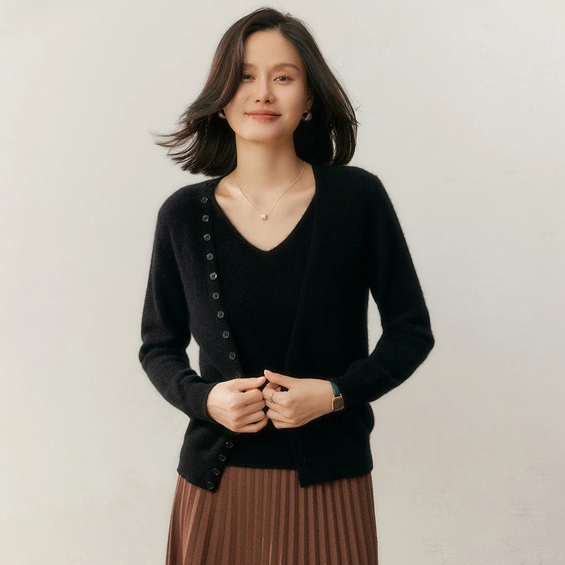 Otoño/Invierno, cárdigan de Cachemira de 100% para mujer, conjunto de dos piezas con tirantes, suéter de punto liso informal, Tops holgados con cuello en V, jersey cálido