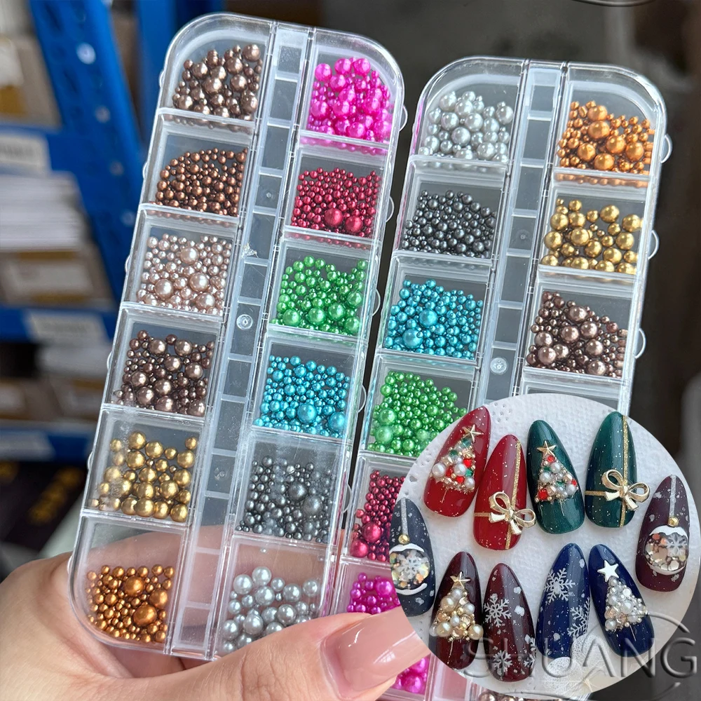 

12-Grids Mixed 3D Christmas Pearl Ball Nail Accessories Red/Green/White/Gold Caviar Bead Nail Charms Xmas DIY Nail Jewelry Parts