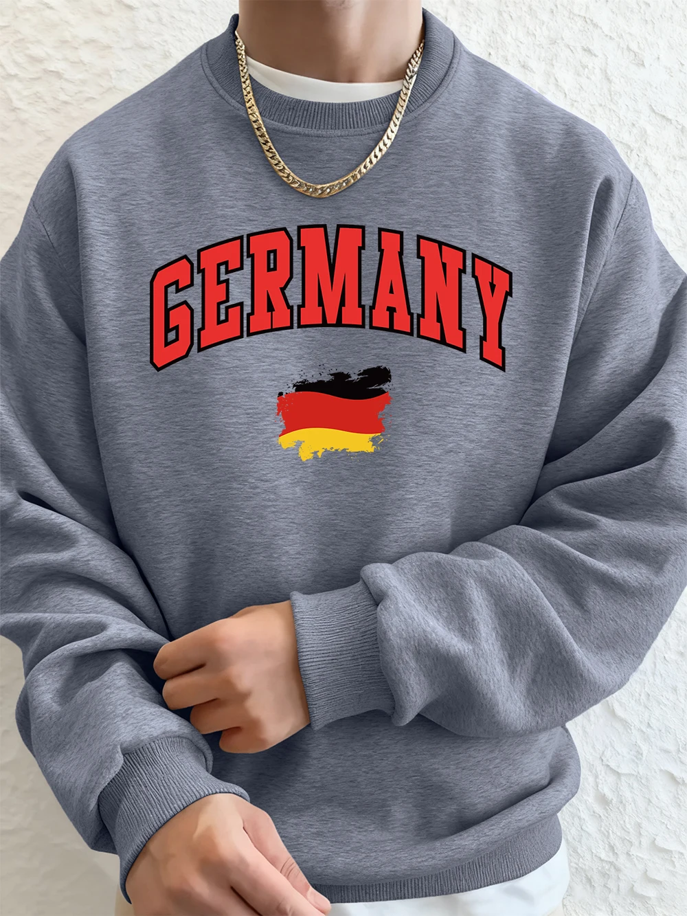German Flag Brush Stroke Print Men Sweatshirts Winter Fleece Warm Hoodie Korean Loose Crewneck Pullovers Hip Hop Male Clothes