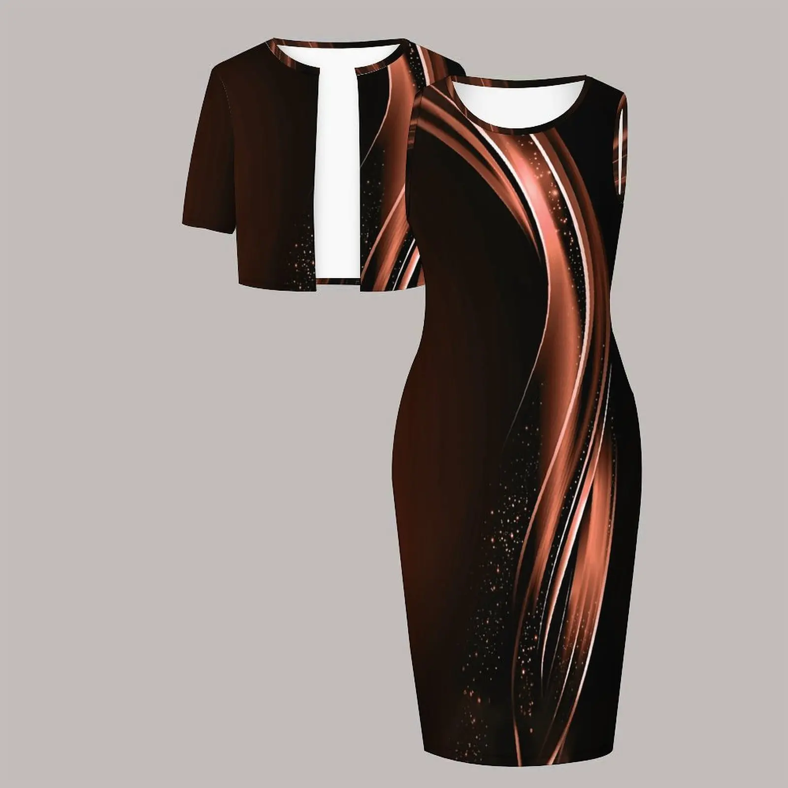 Plus Size 2pcs Women's Formal Elegant Styling Tight Dress  Round Neck Print Knee-length Skirt Short-sleeved Coat Sleeveless Suit