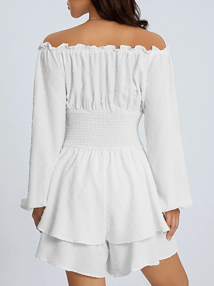 Loose Ruched Playsuit For Women Lace Boat Neck Long Sleeve Elastic Waist Flouncing Siamese Rompers