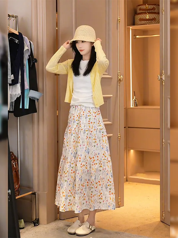 

Casual Knitted Floral Half-length Skirt Set Short Sleeve Women's Fashion Three-piece Suite Gentle Wind Style Summer New Arrival
