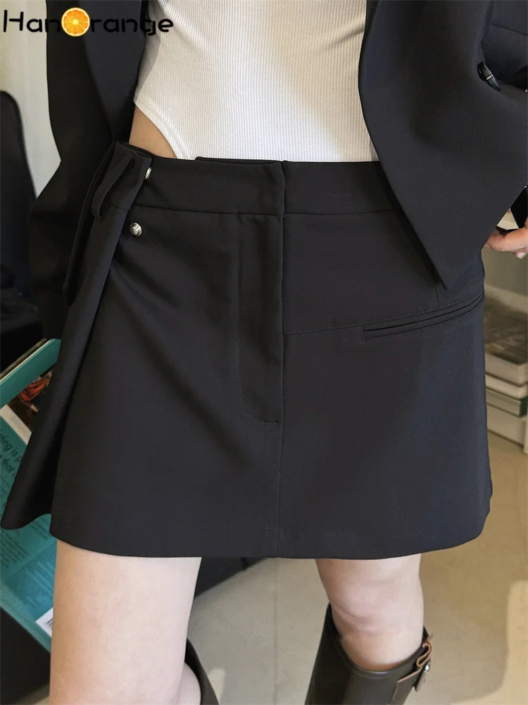 

HanOrange 2026 Весна-Лето: Дизайнерская мини-юбка прямого кроя с подкладкой, многослойная короткая юбка, черная