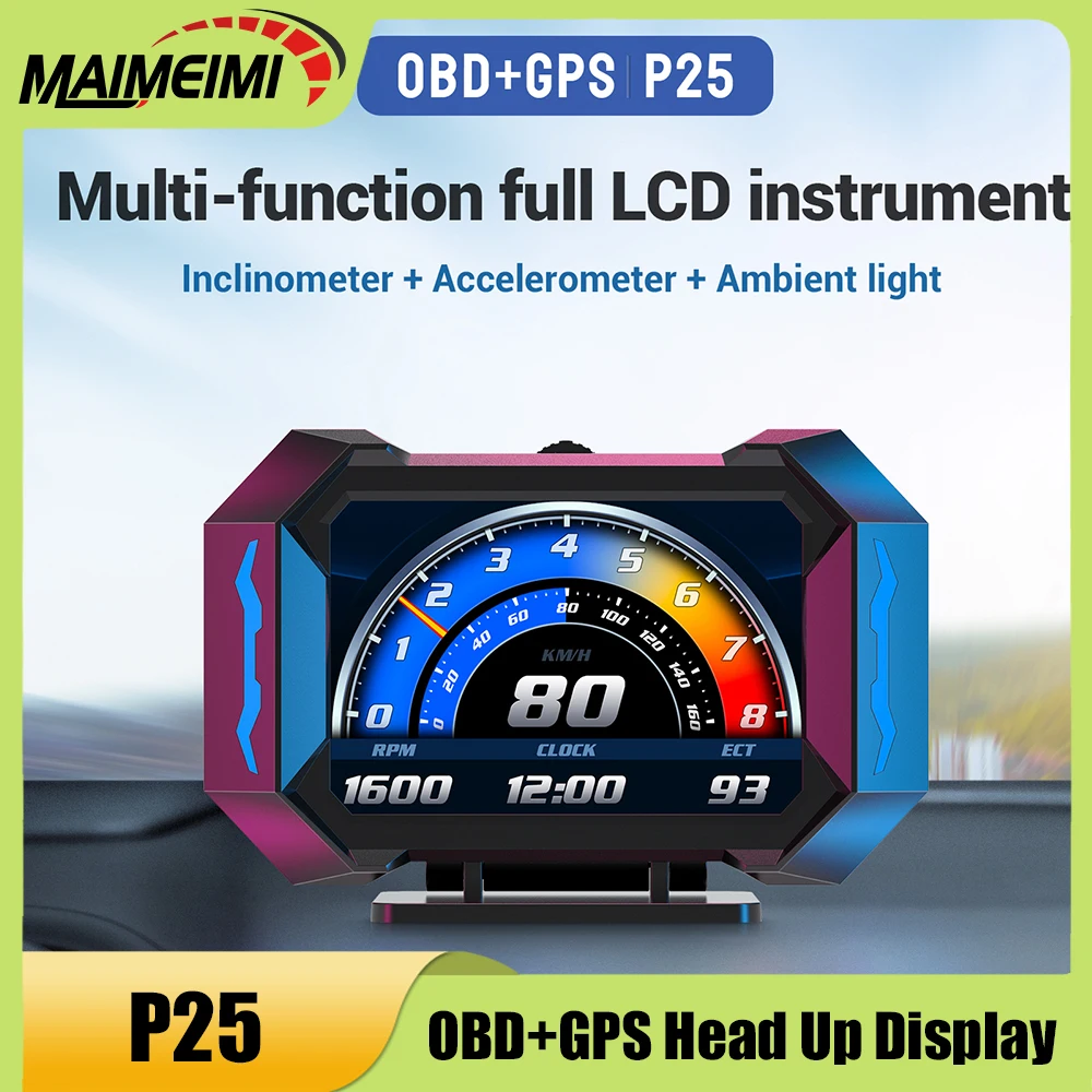 

Car OBD+GPS HUD P25 Head Up Display Car Digital Speedometer Water Temp Fuel Consumption Slope Meter Slope Inclination Alarm