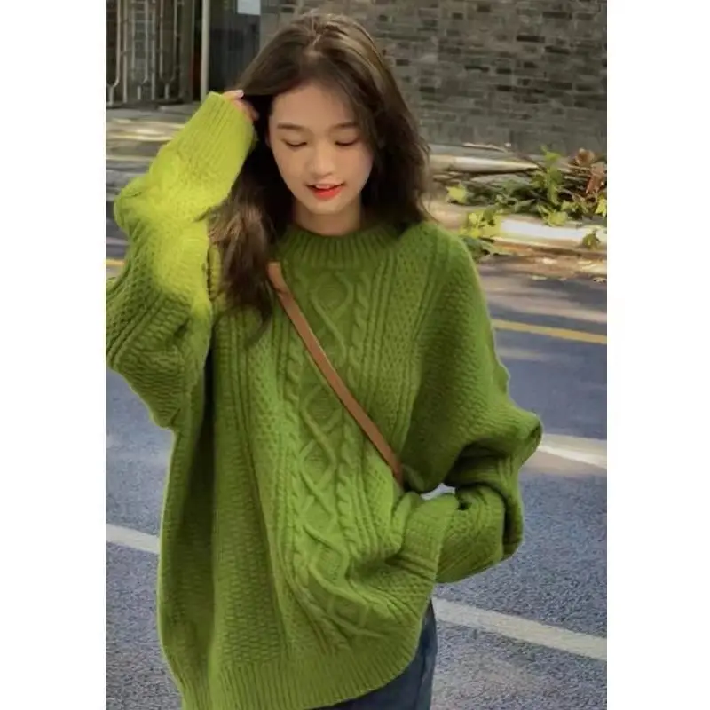 Women Spring and Autumn Knitted Sweater Coat Gentle Wind Soft Waxy Fried Dough Twists Oversize Loose Lazy Style Pullover