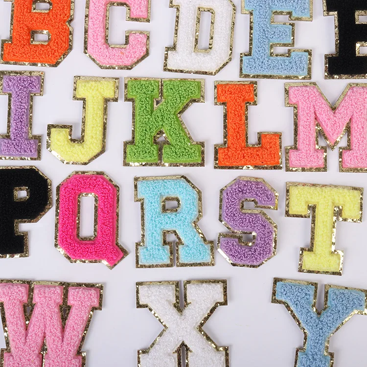 Color Letters Sticker Patch Alphabet Towel Embroidered Chenille Patches for Clothing Bags Jacket Stick on Accessories Applique