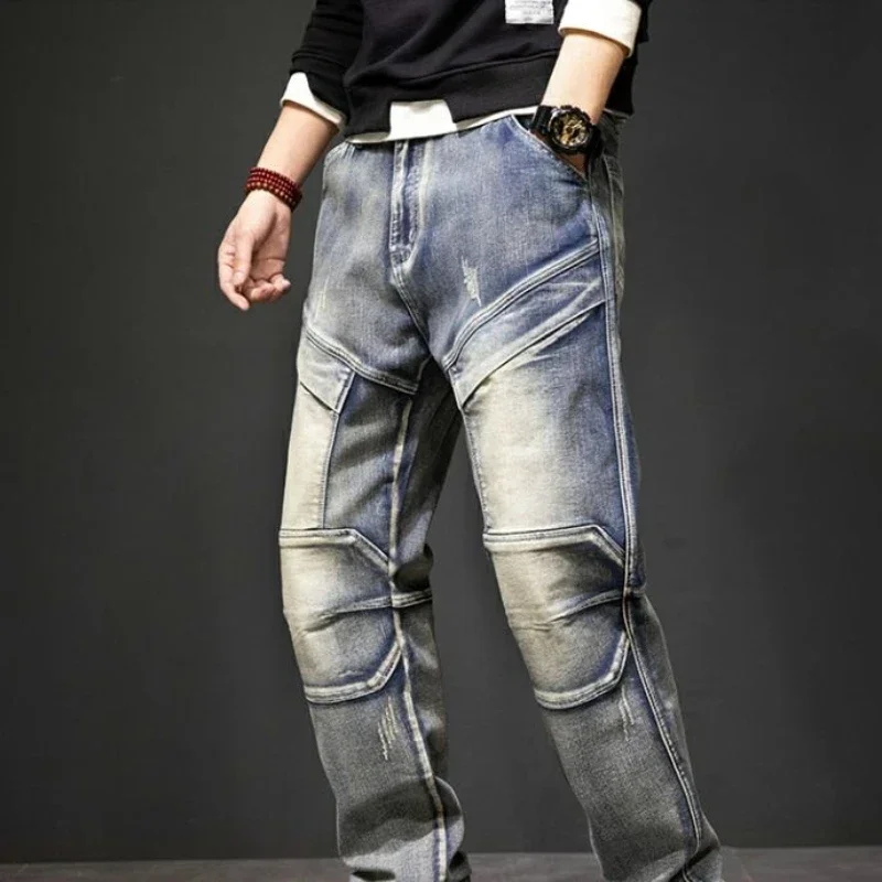 Man Cowboy Pants Motorcycle Cargo Trousers Straight Men\'s Jeans Y2k Streetwear Clothes 2000s Loose Korean Fashion High Quality