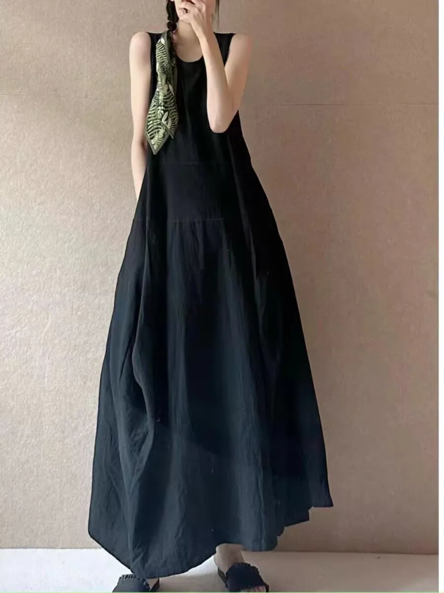 Verão novo algodão linho longo preto colete vestido em torno do pescoço emenda solto emagrecimento artístico flor casual vestidos longos n811