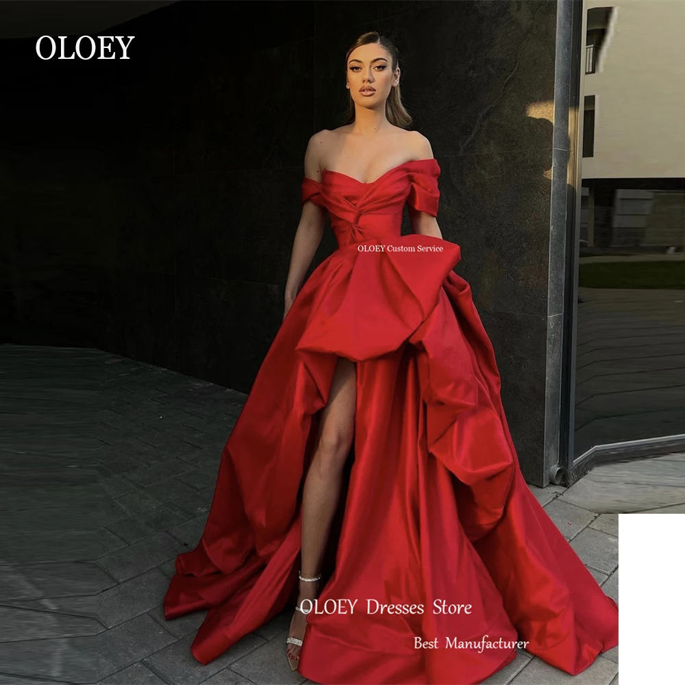 

OLOEY 2023 Red Taffeta A Line Evening Dresses Off the Shoulder Sleeves Split Dubai Arabic Women Formal Party Dress Prom Gown