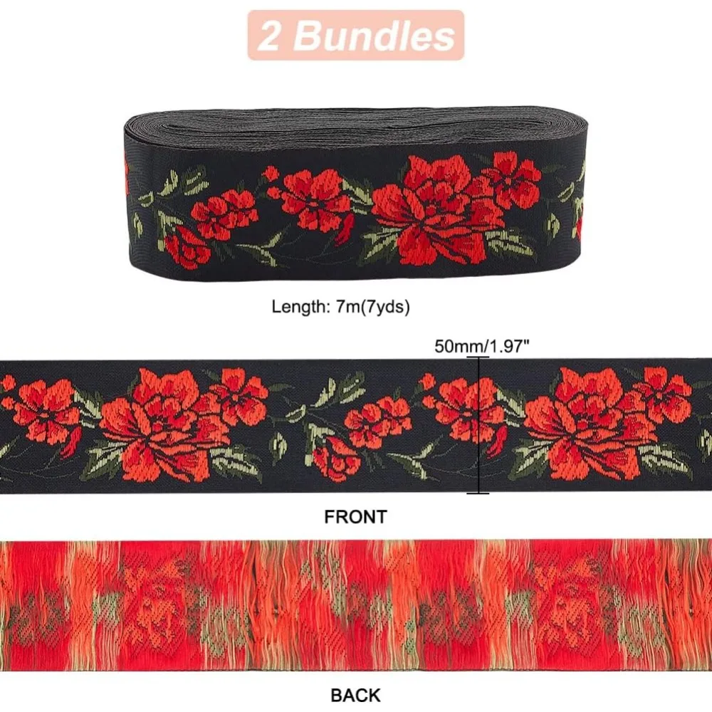 15 Yards Flower Jacquard Ribbon, 2 Inch Embroidery Ribbons Vintage Woven Ribbon Boho Sewing Ribbon Persian Floral Fringe