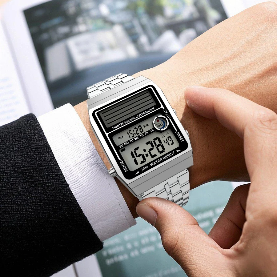 ساعة إلكترونية عصرية متعددة الوظائف تعمل بالطاقة الشمسية، عمر البطارية يصل إلى حوالي عامين، مقاومة للماء حتى 30 مترًا