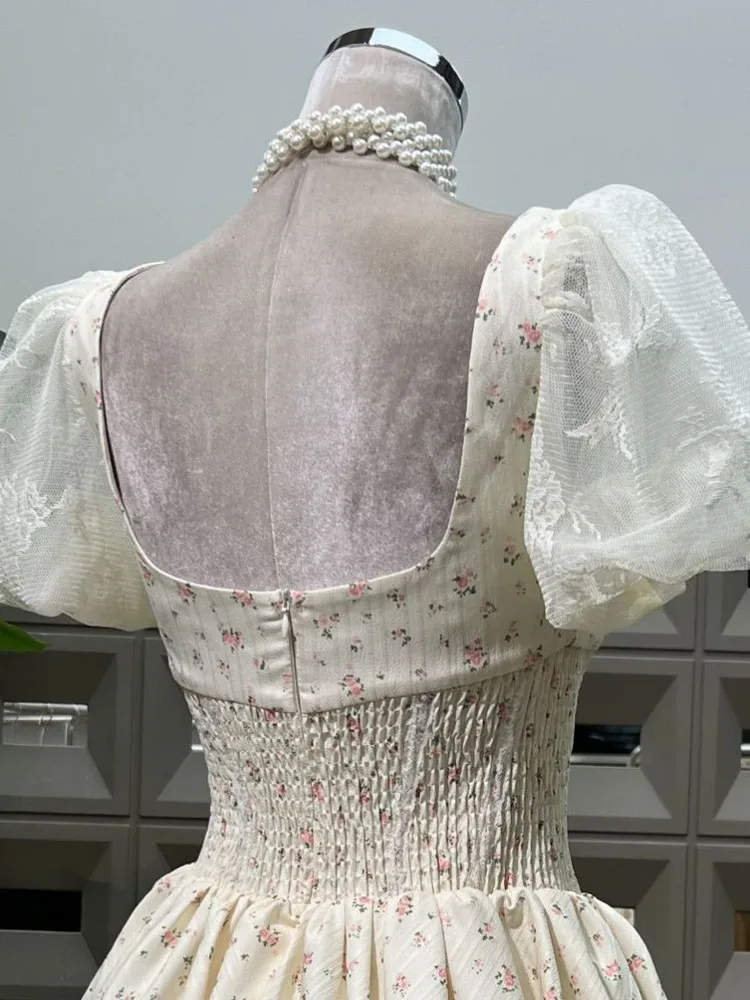 فستان DFDG نسائي فرنسي مزين بالزهور وأكمام منتفخة وأزرار أمامية على شكل حرف a للربيع والصيف والحفلات المسائية اليومية