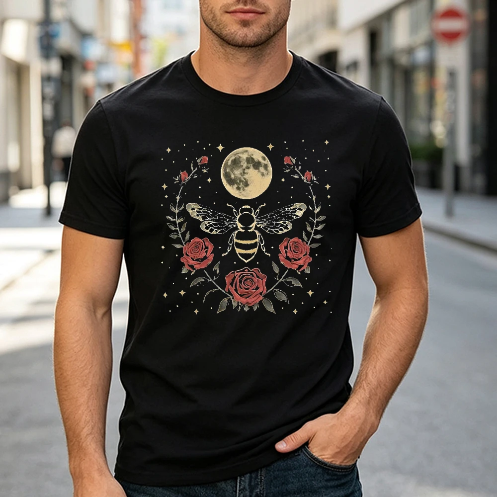 Moon Bee Red Rose Floral Gothic Graphic T Shirt Men Tee Detailed Insect Flower Art Top Summer Boho Vintage Nature Style