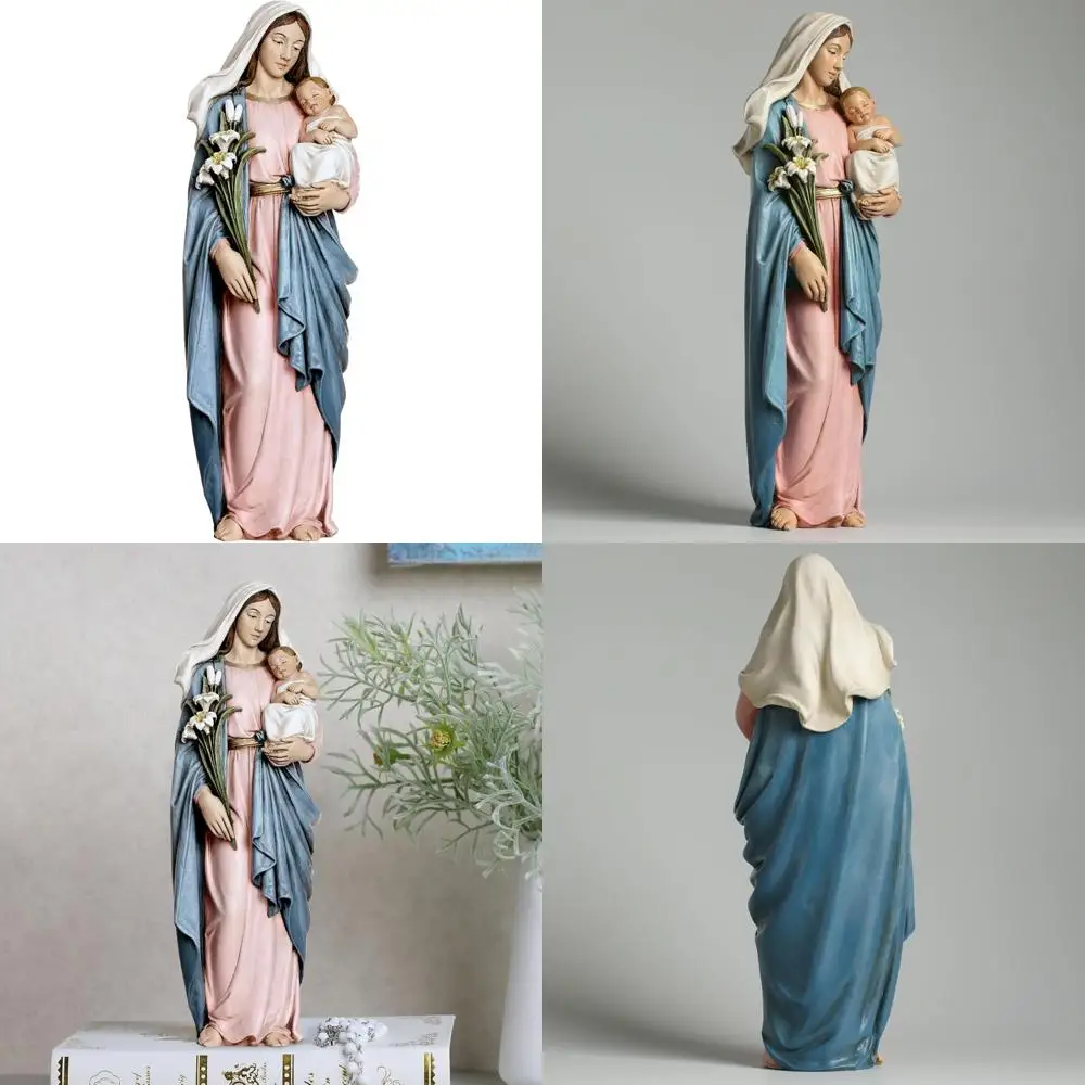 تمثال مادونا والطفل المرسوم يدويًا 13.5، ديكور منزلي كاثوليكي، مريم مع شخصية يسوع الطفل، تمثال مريم العذراء المباركة