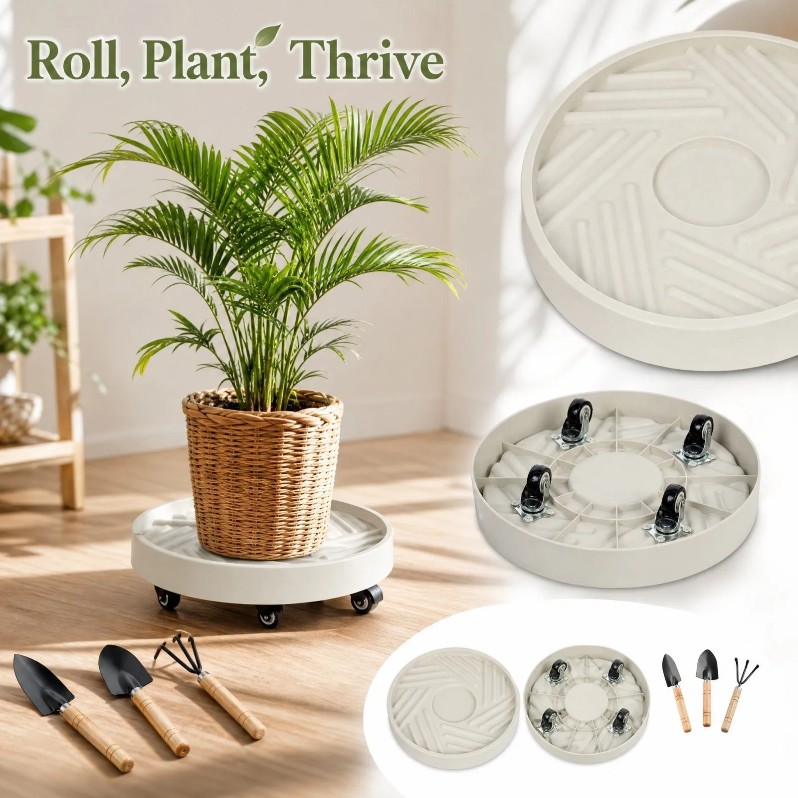 Plant Tray with Wheels & 3-Piece Gardening Tool Set,Heavy Duty Rolling Plant Stand,Indoor Outdoor Plant Saucer Tray,Plant Caddy
