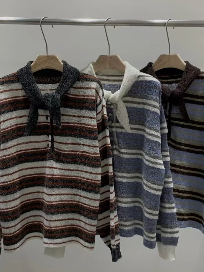 Faionable Maglione lavorato a maglia da donna Colletto arp Striscia sopra la testa Sciolto Versatile Casual Inverno Faion Chic Design Sense