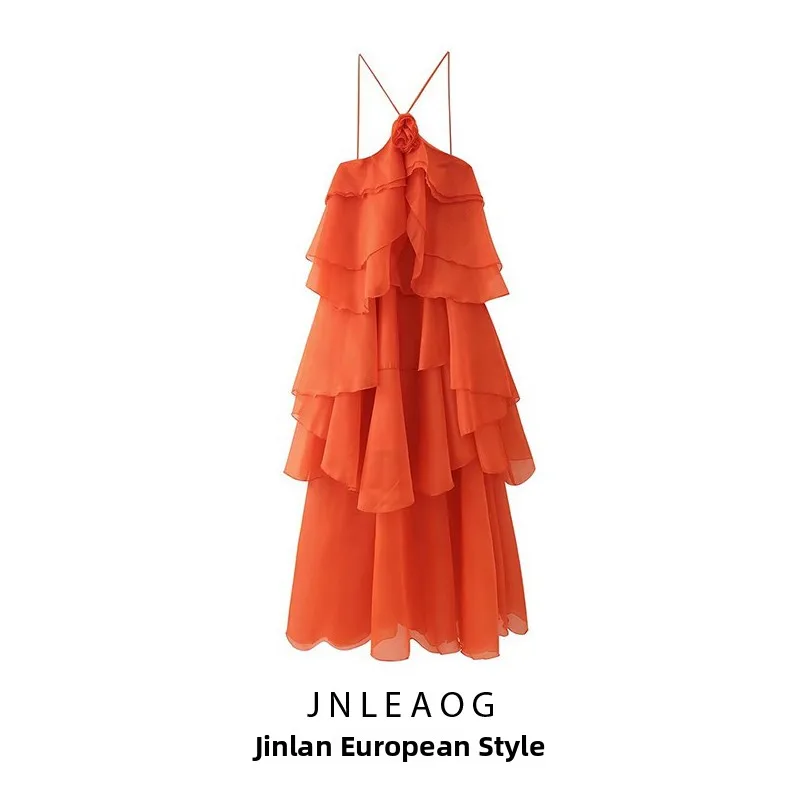 Vestido F com Decoração Floral em Camadas 3D, Novo Estilo de Primavera, Saia em Camadas de Cintura Alta, Fibra de Poli...