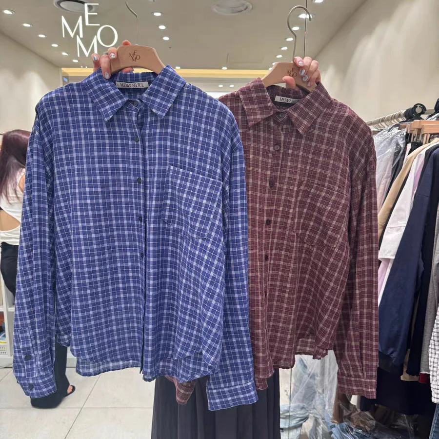 

Весна 2026: Винтажная клетчатая рубашка с длинным рукавом, свободного кроя, в корейском стиле, с контрастными пуговицами, женская модная рубашка из чистого хлопка