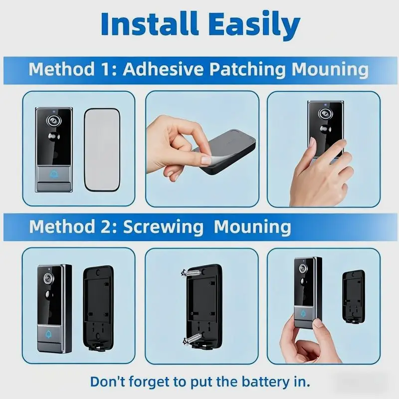 

Smart Wireless Video Doorbell with HD Camera, 160° Wide-Angle Lens, Two-Way Audio Intercom, Rechargeable Battery + USB Power Option, Easy App Setup, Weather-Resistant Design, Motion Alerts, Night Vision, Simple Installation, No Wiring Needed