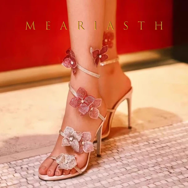 

Новые женские босоножки на высоком каблуке с розовым цветком и стразами, вечернее платье с открытым носком, 2024, элегантные роскошные туфли на шпильке