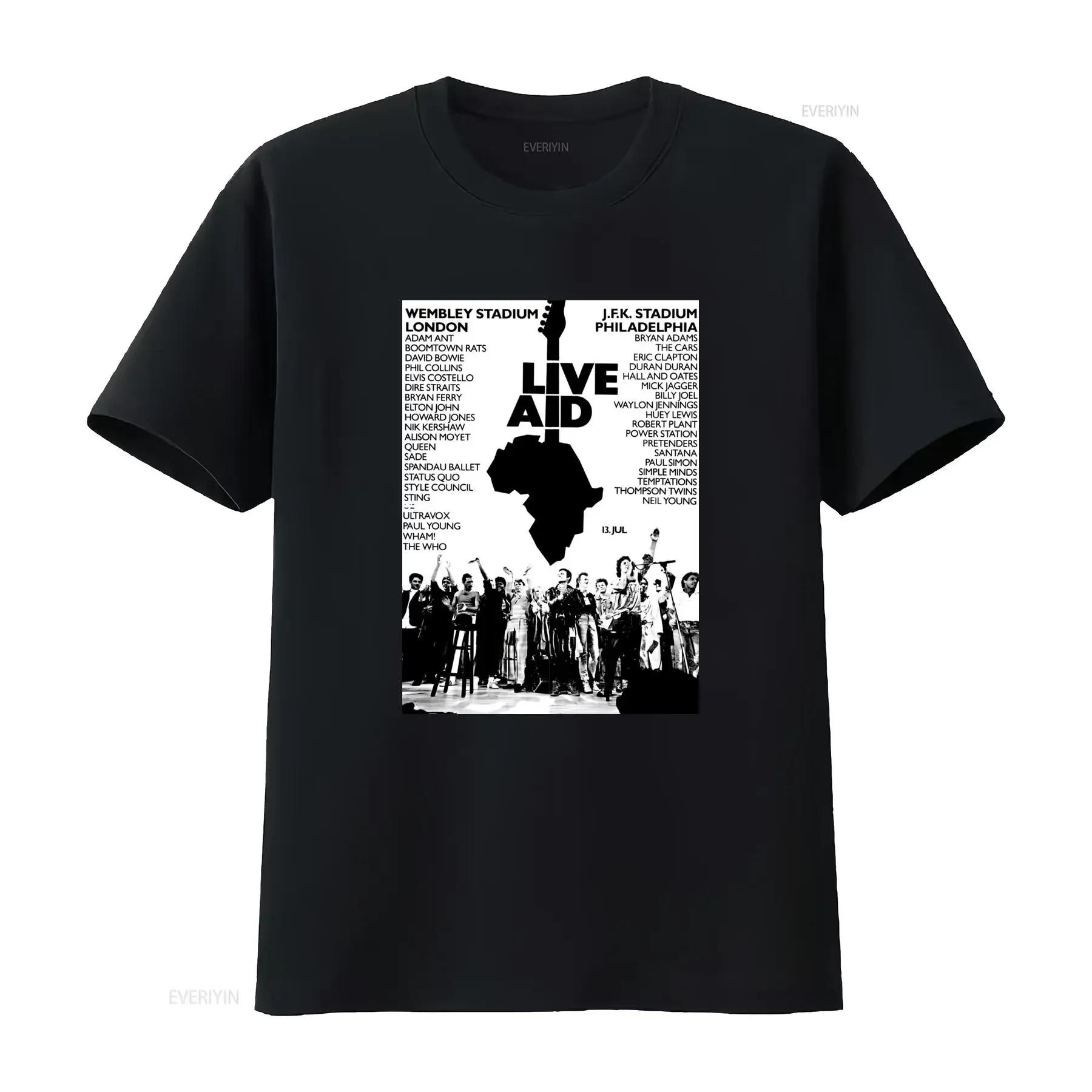 Camiseta de rock vintage negra de los 80, unisex, elástica, ligeramente versátil, con diseño del concierto Live Aid 1985 en el estadio Wembley JFK