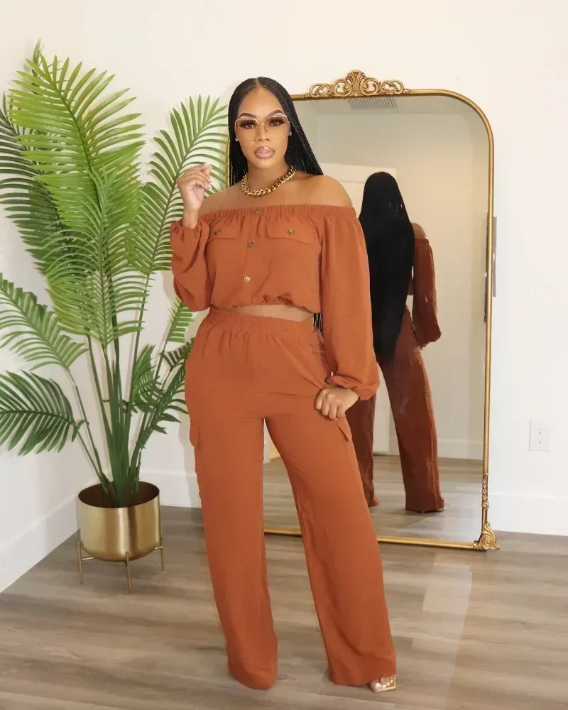 

GUWU Fashion Women's Set Long Sleeve Strapless Top and Wide Leg Pants Cargo Street Two 2 Piece Set Outfit Casual Tracksuit