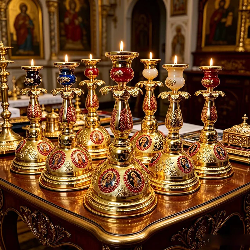Orthodoxer Altar-Kerzenhalter aus Goldmetall, verziert im byzantinischen Stil, mit religiösen Ikonen für Kirchen- und Heimdekoration, christliches Geschenk – Detail 4