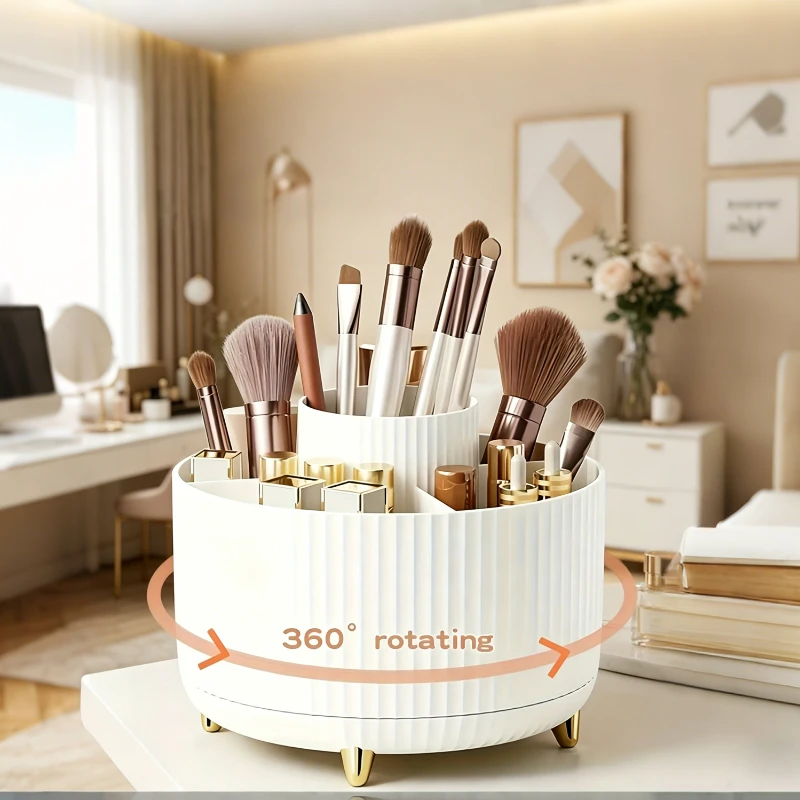 360° Rotating Makeup Organizer,1pc Plastic Cosmetic Storage with 5 Compartments,Multi-Functional Holder for Brushes