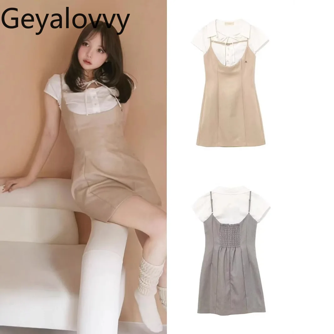 

2 Piece Sets Womens Outfits Summer Japanese Style Sweet Girl Short Sleeve Shirt Contrasting Color Slim-fitting Dress Set