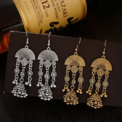 Kobiety Indian kolczyki Jhumka złoty Sliver kolor w kształcie wachlarza długi Tassel Bells wiszące kolczyki dla kobiet Boho Gypsy biżuteria ślubna