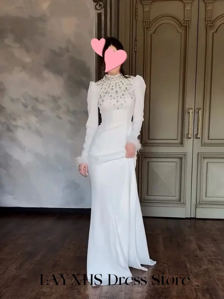 

LAYXHS Elegant Formal Evening Dresses Long Sleeves Shiny Beaded Feather Mermaid Prom Dresses Customized فستان سهرة نسائي